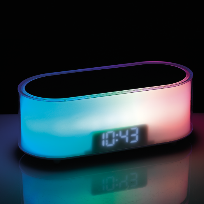Sveglia - Wireless Charger - La ricarica rapida da 15W del wireless charger garantisce una carica veloce ed efficiente per il tuo dispositivo, mentre la lampada a led ti permette di scegliere tra due livelli di luminosità. Dimensioni: cm 22 x 10 x h 9 - Cavo usb-c incluso. In negozio e online su tuttochic.it
