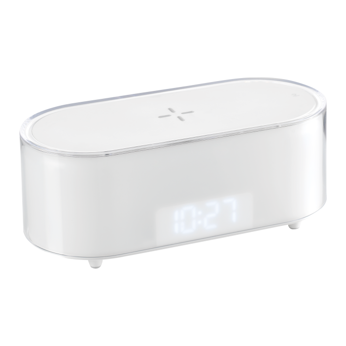 Sveglia - Wireless Charger - La ricarica rapida da 15W del wireless charger garantisce una carica veloce ed efficiente per il tuo dispositivo, mentre la lampada a led ti permette di scegliere tra due livelli di luminosità. Dimensioni: cm 22 x 10 x h 9 - Cavo usb-c incluso. In negozio e online su tuttochic.it