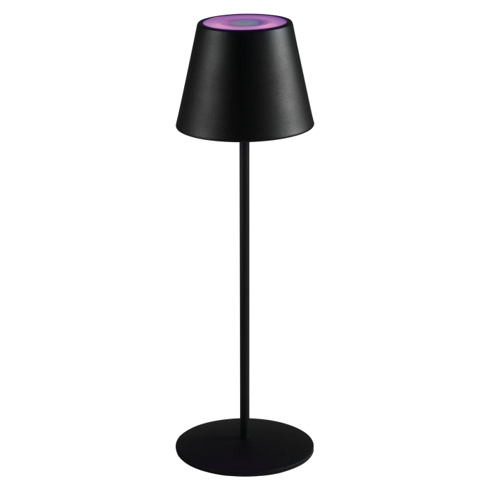 Lampada led da tavolo di colore nero in metallo e PE con batteria ricaricabile agli ioni di litio e touch pad per cambiare il colore della luce. Cavo USB incluso. Protezione IP44. Diametro cm. 12x38 h. In negozio e online su tuttochic.it