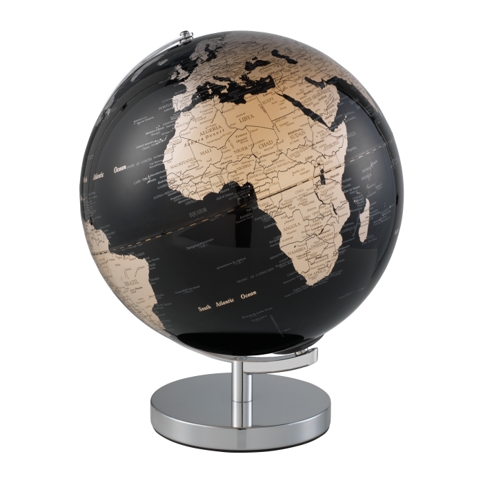 Esplora il mondo con il mappamondo nero illuminato a led di Mascagni. Grazie alla sua base e supporto in metallo, potrai godere di questo meraviglioso globo rotante e illuminato. La luce a led rendono questo mappamondo sofisticato. Dimensione globo Ø cm 30. In negozio e online su tuttochic.it