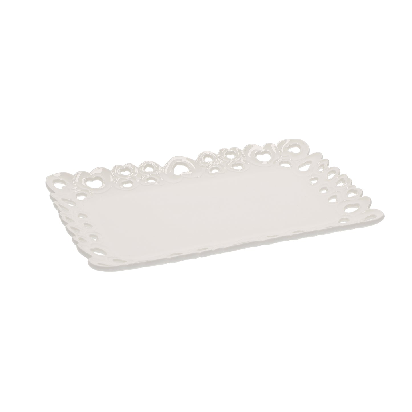 Vassoio portata rettangolare in porcellana traforata bianca. Dimensioni: 31 x 22 x h 2 cm Lavabile in lavastoviglie Utilizzabile in microonde Utilizzabile in forno tradizionale. In negozio e online su tuttochic.it