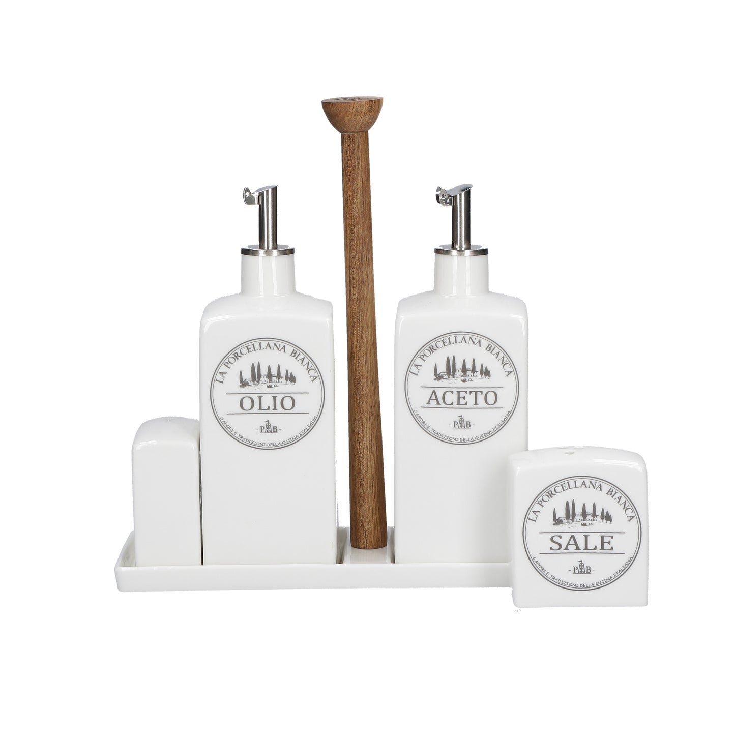 Set olio, aceto, sale e pepe in porcellana bianca con asta centrale in legno. Dimensioni: cm. 22,5x7,5x 22 h. In negozio e online su tuttochic.it