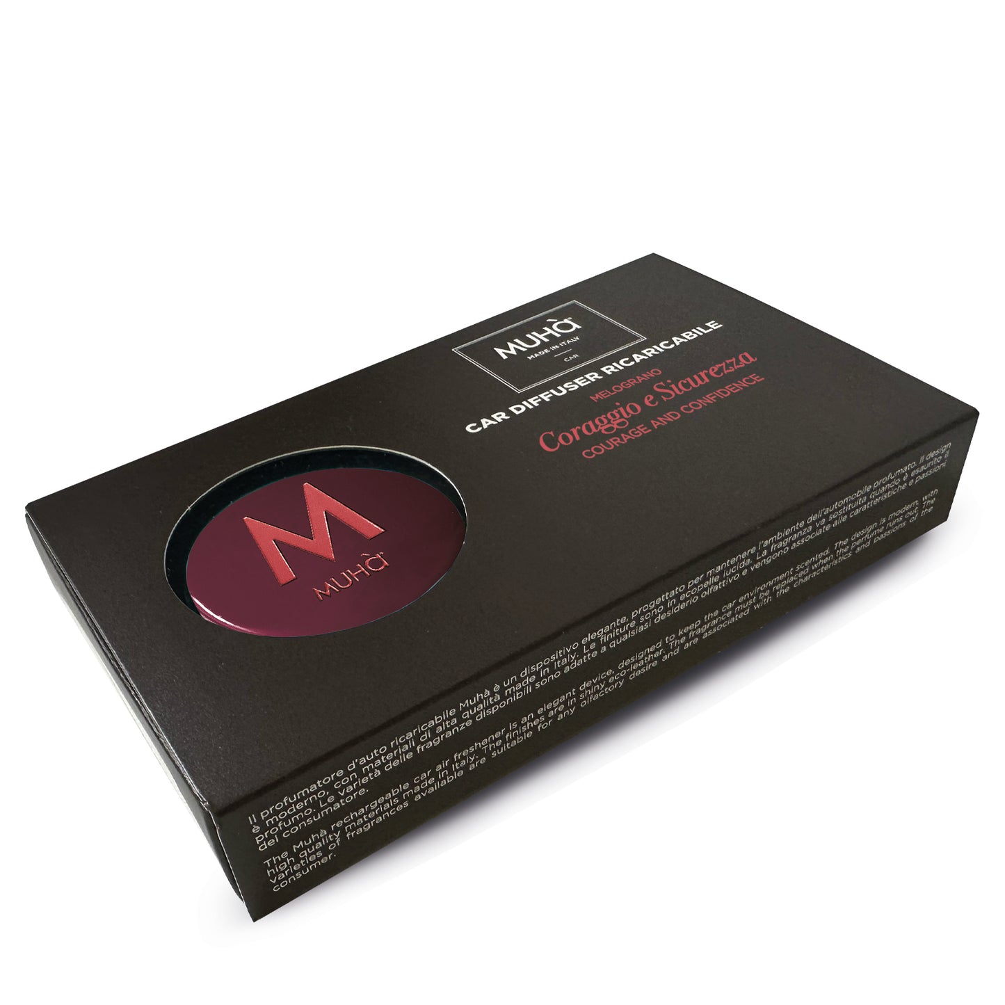 Rivestito in ecopelle lucida bordeaux, dal design accattivante e moderno, con rilascio graduale di profumi ricchi e corposi che garantiscono una lunga durata. fragranza MELOGRANO L'intenso profumo dell'arancio si alterna alla delicata fragranza di pesca... Dimensioni: Ø 5,3 cm. In negozio e online su tuttochic.it