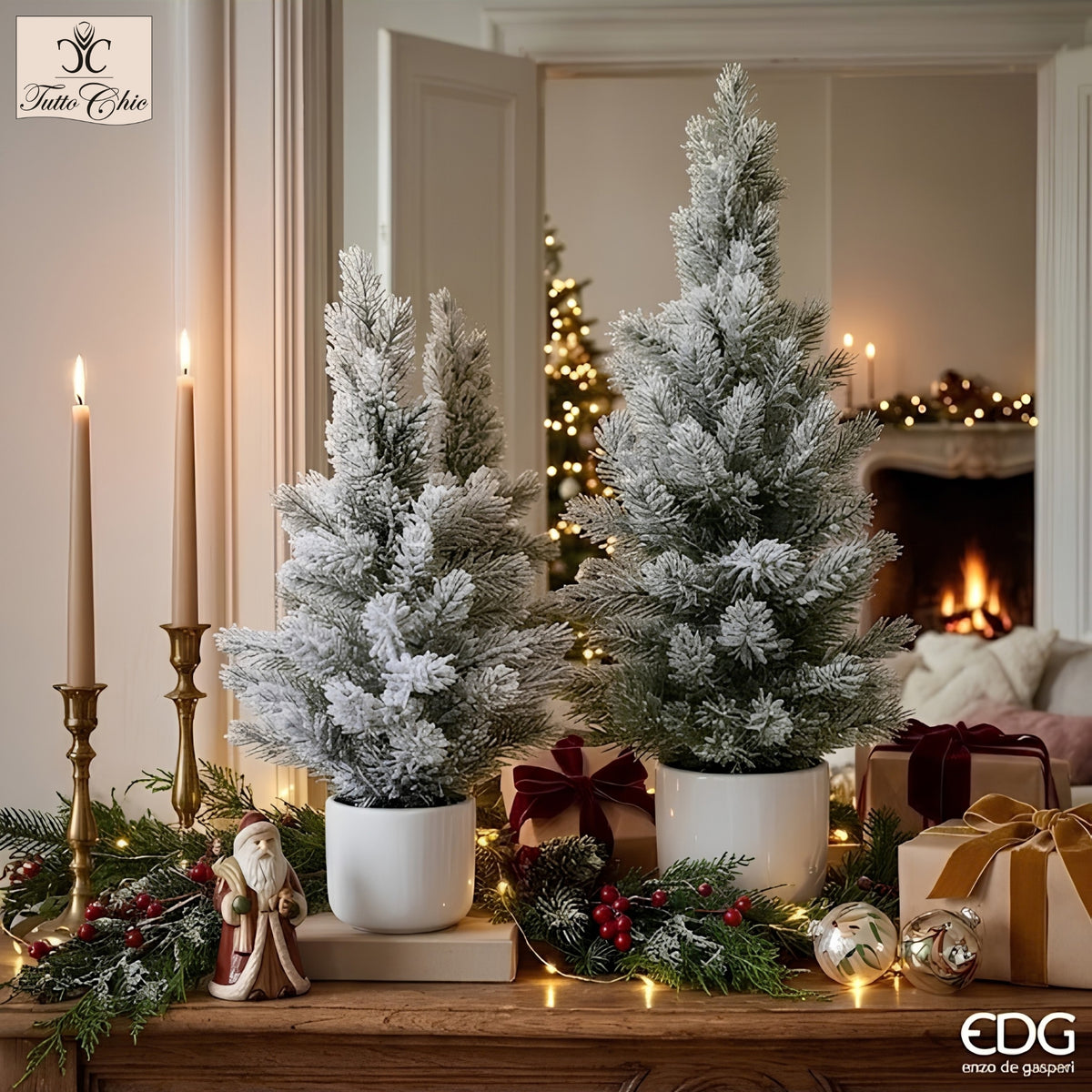 Pino innevato EDG 50 cm con vaso in ceramica bianca
