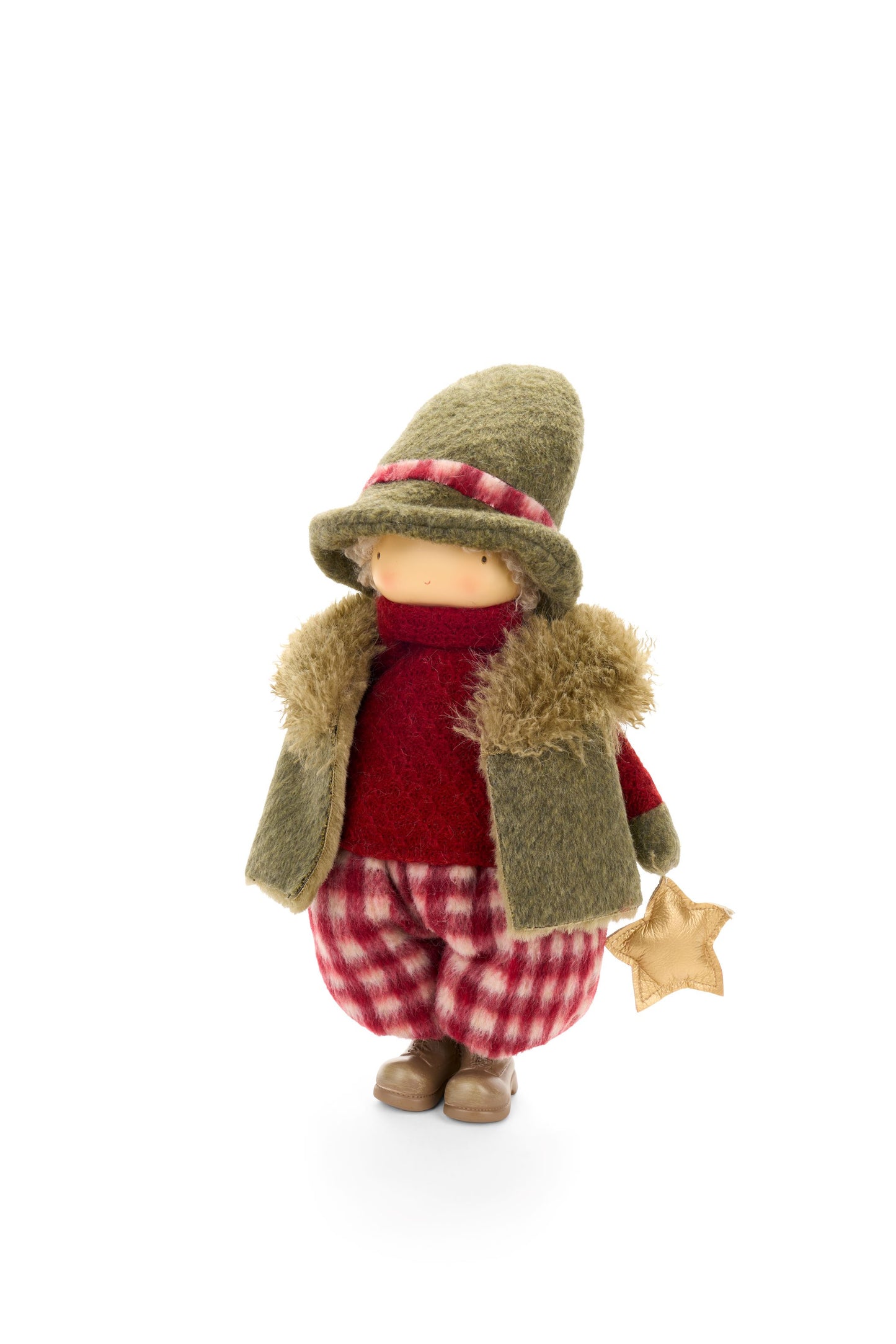 Bambolino decorativo Ragazzo con Pellicciotto e stella dorata h 40 cm, collezione Vintage Toys Nuvole di Stoffa, stile country chic, Tutto Chic.