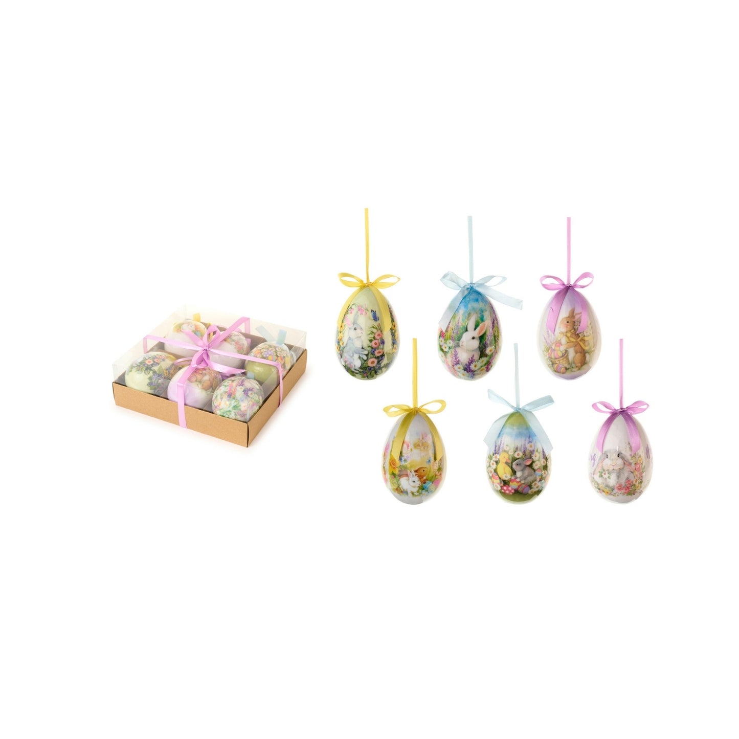 Rendi la Pasqua ancora più allegra con la confezione di 6 uova in decori assortiti. Dimensioni singolo uovo: cm 7 x 10 h. In negozio e online su tuttochic.it