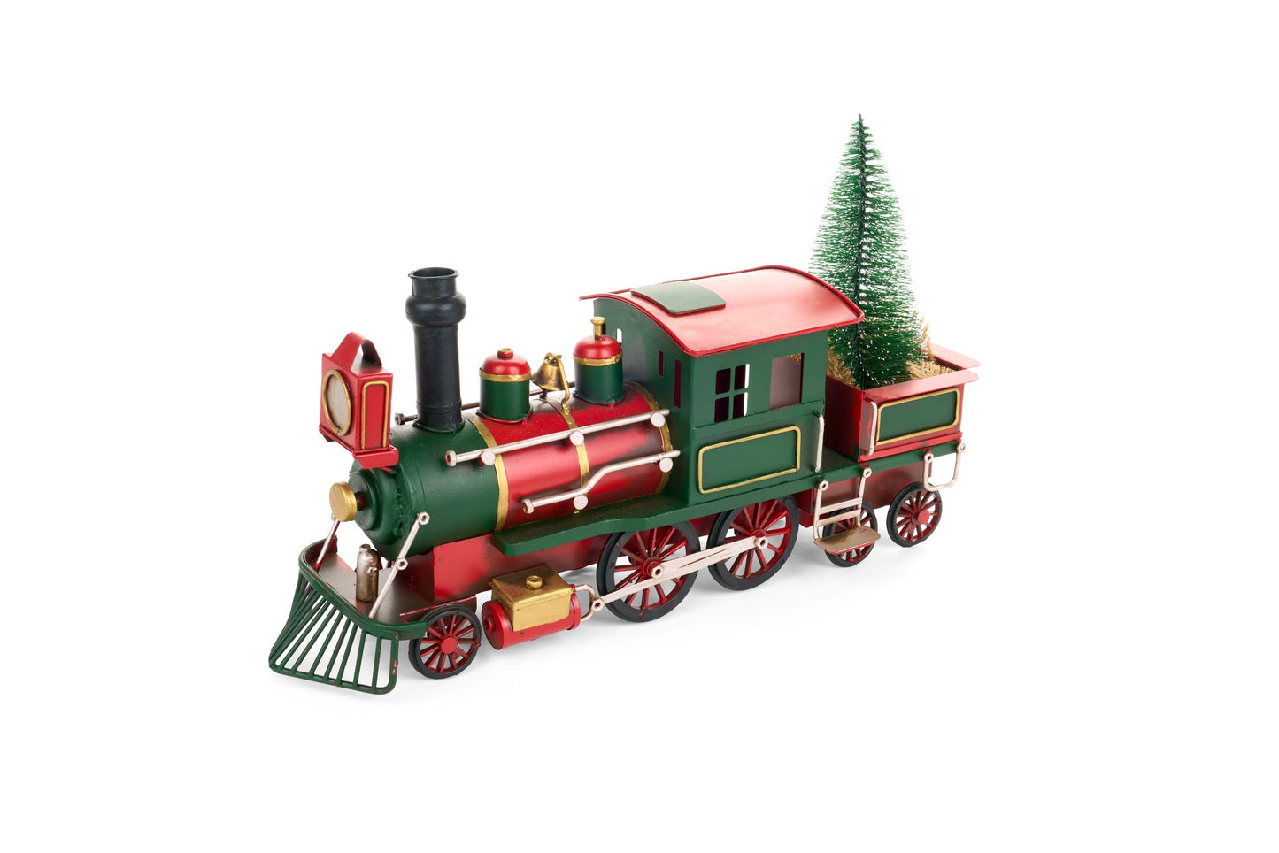 Locomotiva natalizia vintage in metallo rosso e verde con albero di Natale nel vagone, lunghezza 41,5 cm, collezione Vintage Toys Nuvole di Stoffa, Tutto Chic.