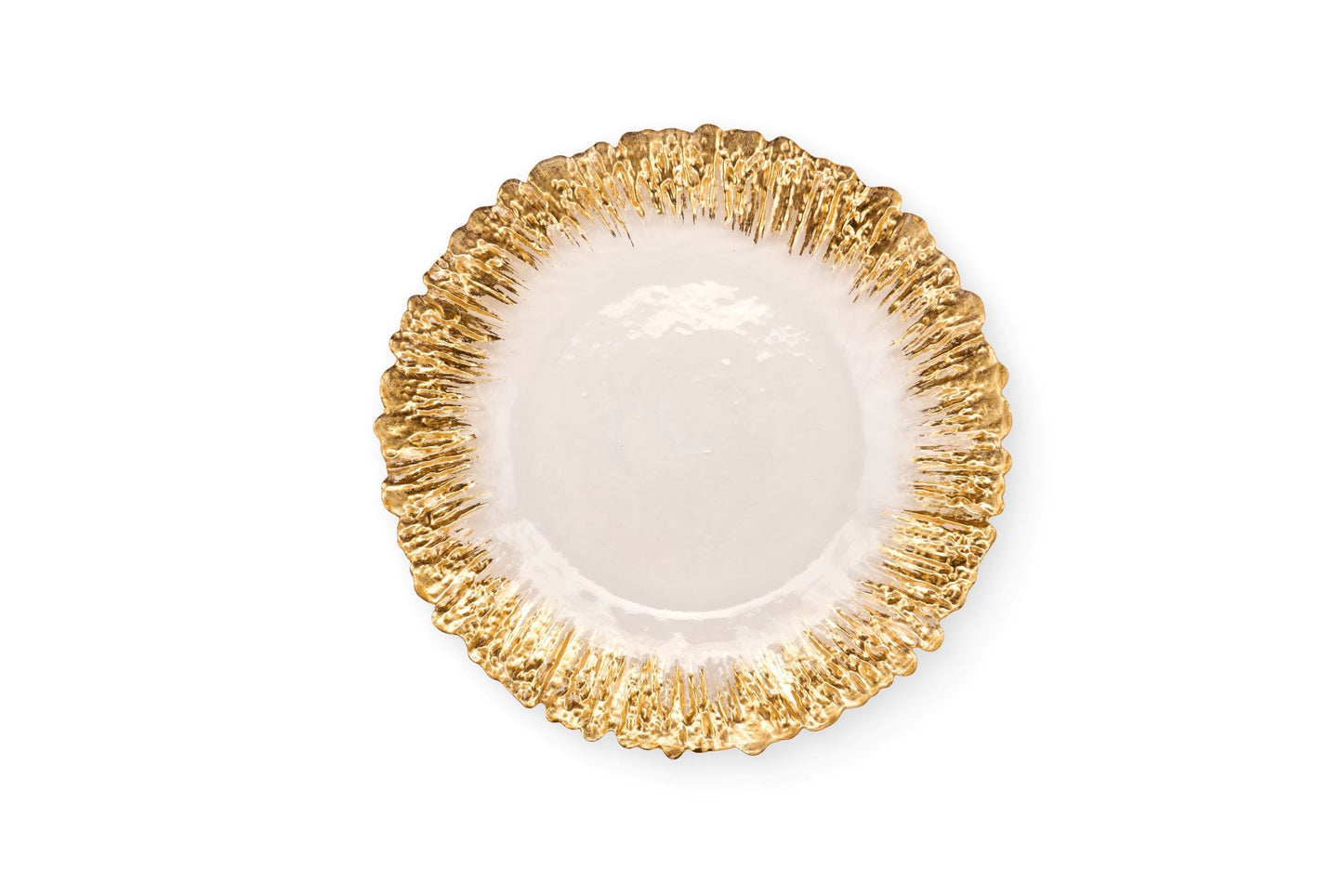Set da sei sottopiatti natalizi in vetro completamente trasparente con bordo frastagliato color oro lucido, diametro 33 cm, collezione Silent Gold Nuvole di Stoffa, Tutto Chic.