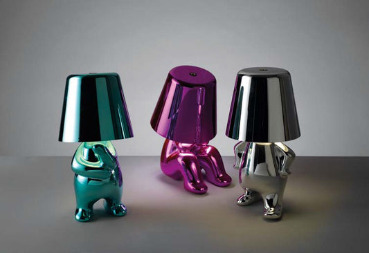 Lampada LED Mascagni Casa modello WHO in argento lucido con sensore touch e design figurativo