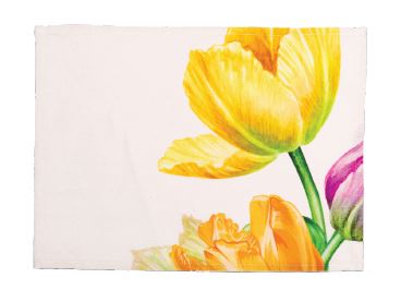 Tovaglietta in puro lino con decoro tulipano giallo stampato, può essere usato anche come tovagliolo. Il lino, fibra naturale, riciclabile, biodegradabile e anallergico. Dimensioni: cm 45 x 35. In negozio e online su tuttochic.it
