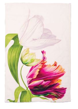 Canovaccio in puro lino con decoro tulipano bianco stampato Il lino, fibra naturale, riciclabile, biodegradabile e anallergico. Dimensioni: cm 70 x 45. In negozio e online su tuttochic.it