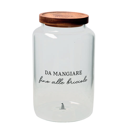 Biscottiera in vetro borosilicato trasparente decorato con tappo ermetico in legno scuro. Cm ø 14 x h 24 - 3000 ml. In negozio e online su tuttochic.it