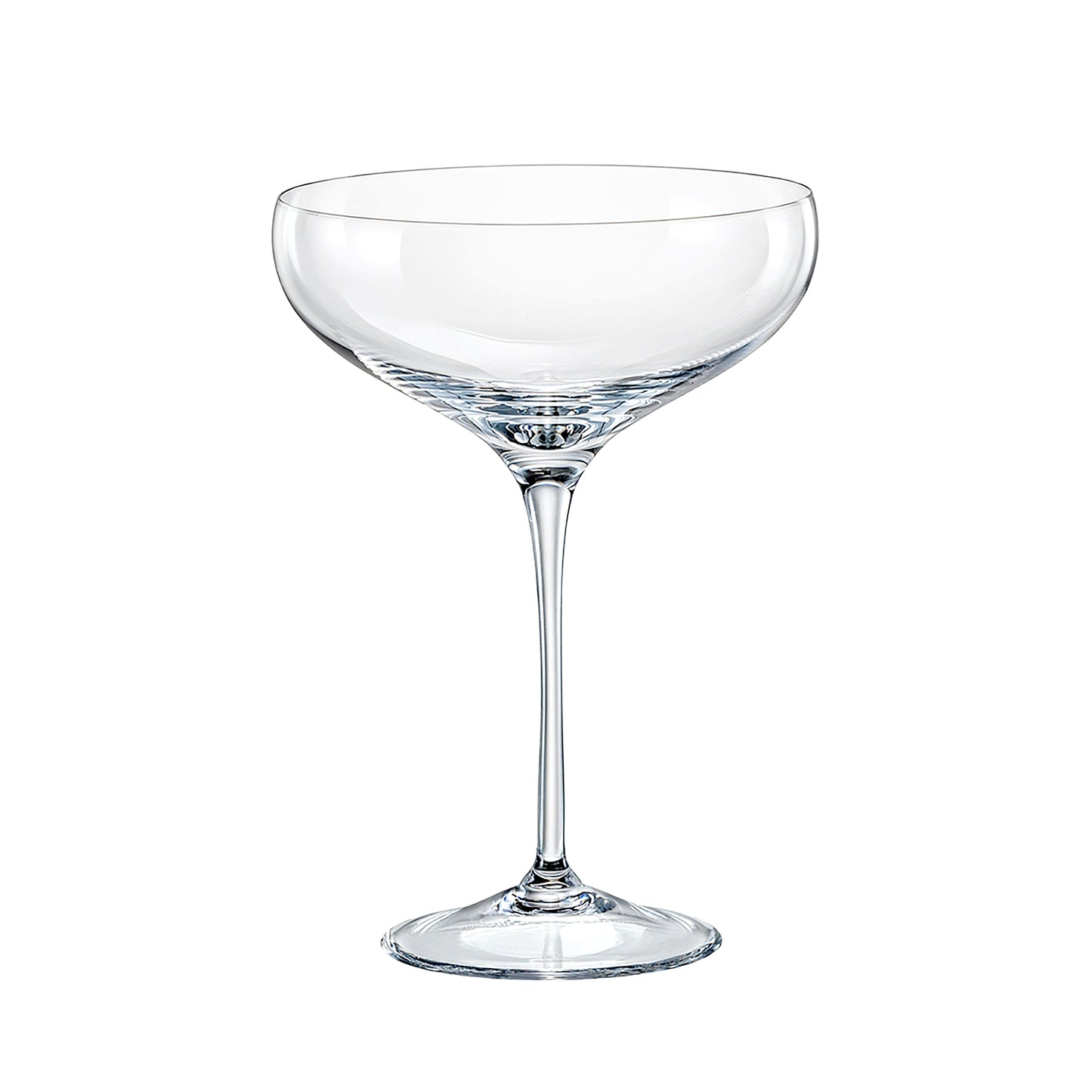 Set 6 calici da campagne o cocktail in vetro cristallino. Capacità: 290 ml. Dimensioni: Ø 12 x h 18 cm. Lavabili in lavastoviglie. In negozio e online su tuttochic.it