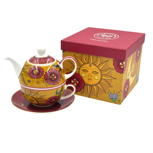 Set Tea for One in porcellana decorata – 400 ml – Rose & Tulipani – collezione Mirabilia – decoro Sole & Luna – con confezione regalo