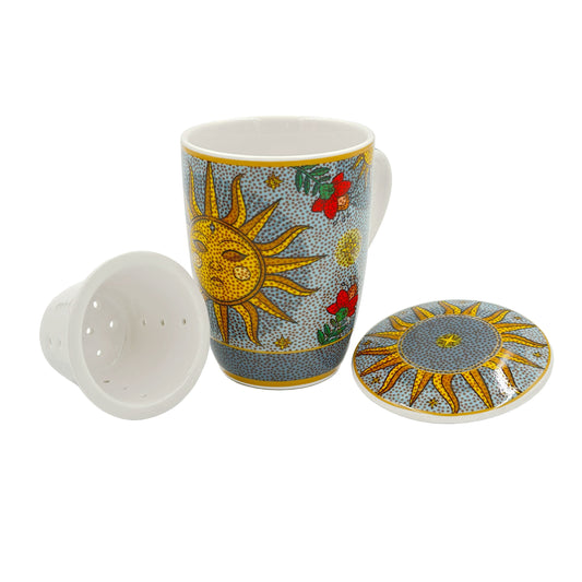 Tisaniera in porcellana decorata – 300 ml – con filtro e coperchio – Rose & Tulipani – collezione Mirabilia – decoro Sole & Luna