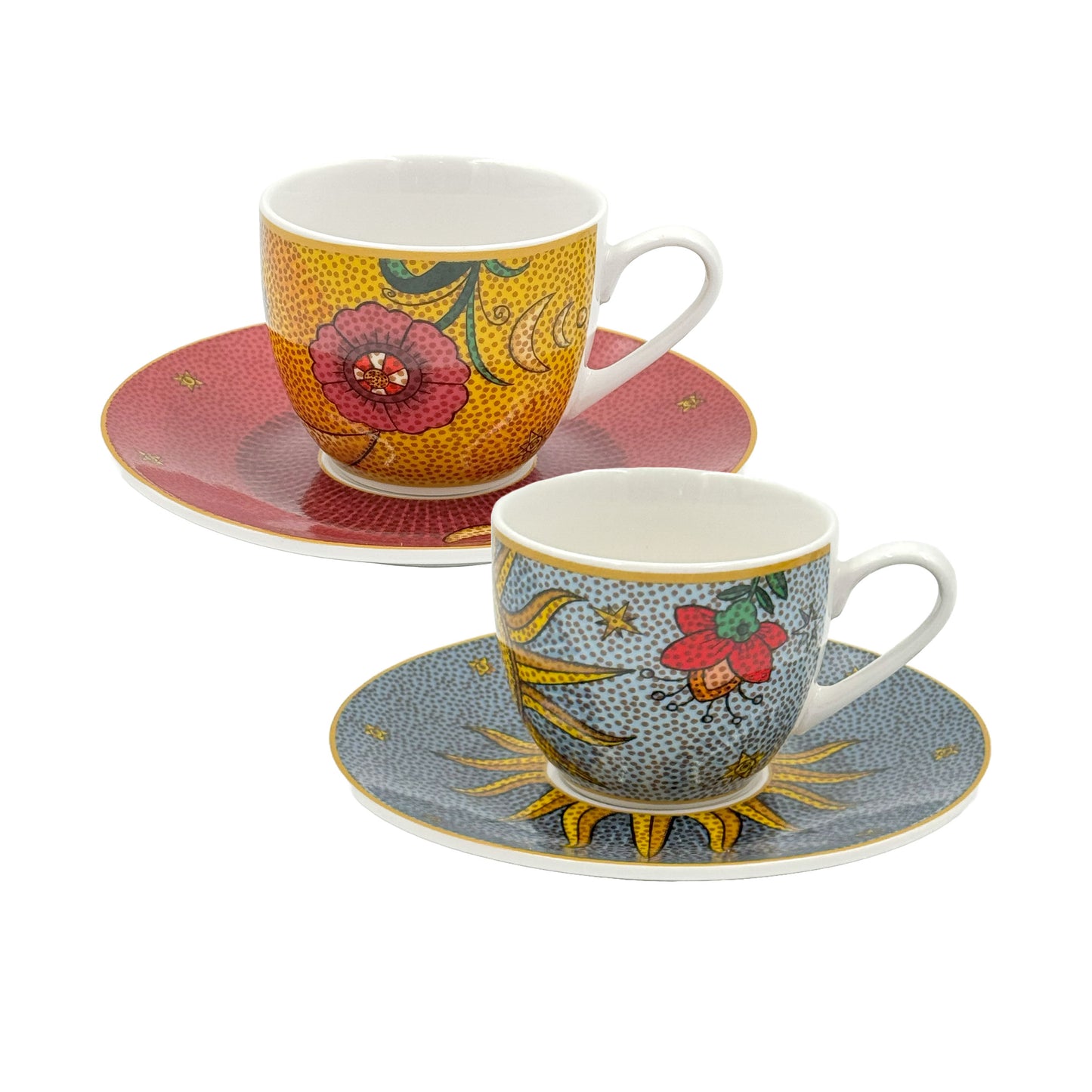 Set 2 tazzine da caffè con piattino – 90 ml – in porcellana decorata – Rose & Tulipani – collezione Mirabilia – decoro Sole & Luna – con confezione regalo