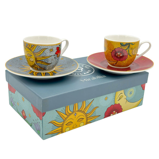 Set 2 tazzine da caffè con piattino – 90 ml – in porcellana decorata – Rose & Tulipani – collezione Mirabilia – decoro Sole & Luna – con confezione regalo