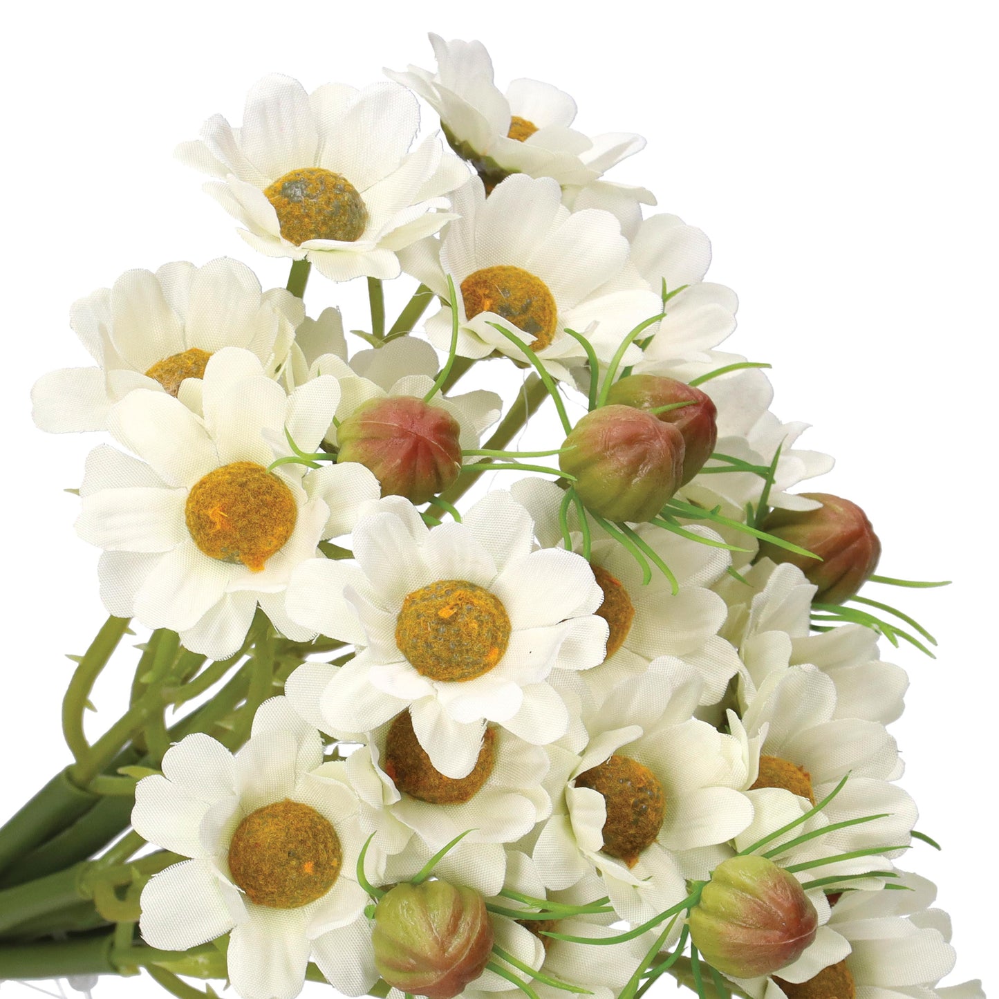 Mazzetto di margherite bianche artificiali, petali in tessuto steli in plastica. Dimensioni: altezza cm 29. In negozio e online su tuttochic.it