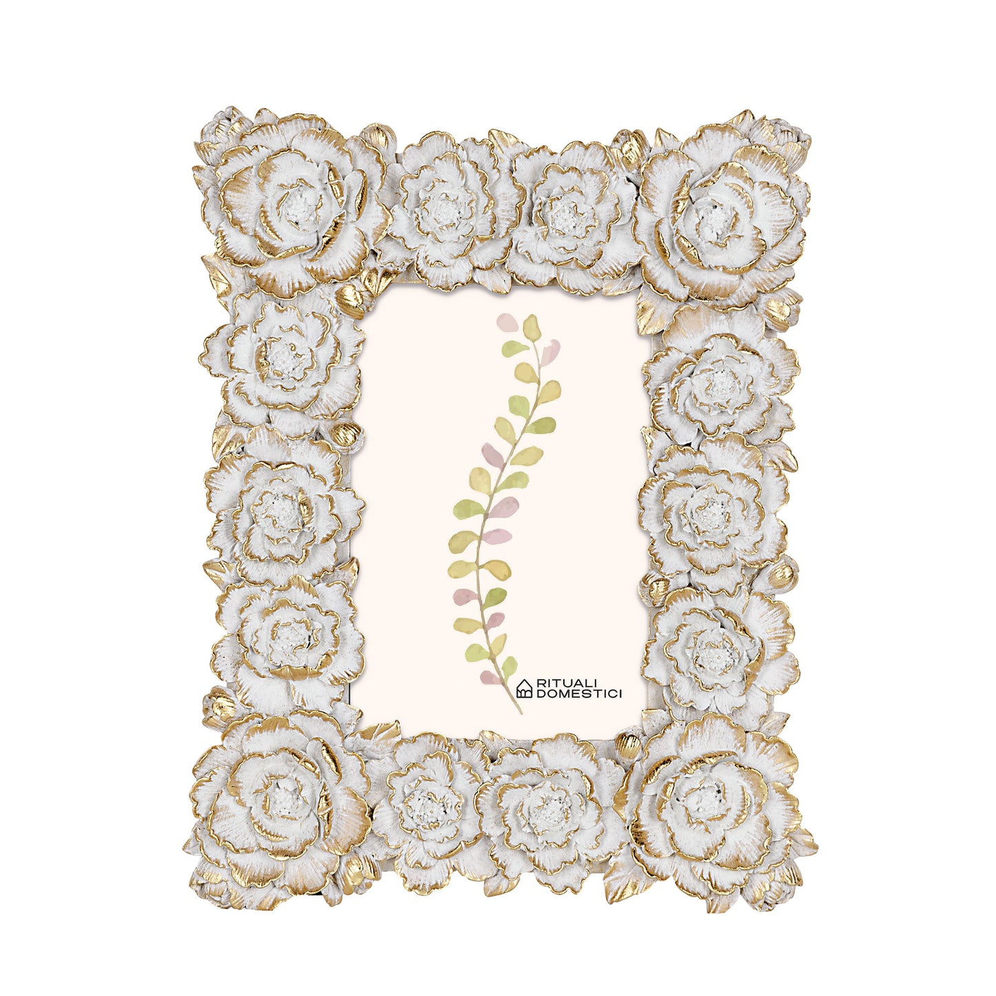 portafoto in pregiata resina con decoro fiori color bianco e oro, Disponibile in più misure per foto 20x25 - 15x20 - 10x15. In negozio e online su tuttochic.it