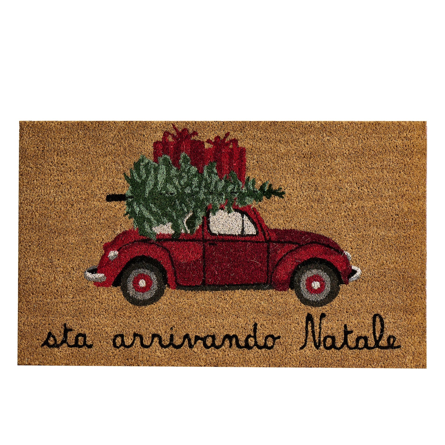 Un benvenuto natalizio a casa tua con lo zerbino "sta arrivando Natale" in fibra di cocco. Con la sua scritta festiva, accogli i tuoi ospiti con calore e allegria. Realizzato in fibra di cocco naturale e gomma Dimensioni: 45 x 75 cm Disegnato in Italia. In negozio e online su tuttochic.it