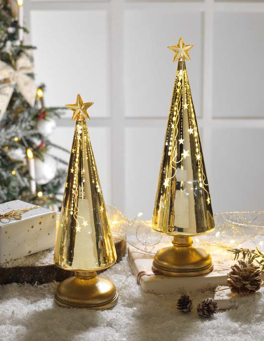 Realizzato in vetro color oro lucido e decorato con stelle, con led intermittenti. Dimensioni: cm 10x30 h Batterie incluse. In negozio e online su tuttochic.it