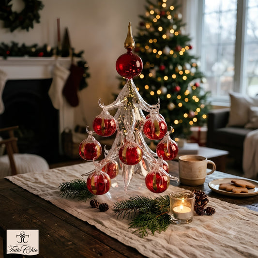 Albero di Natale in vetro soffiato trasparente con 12 palline rosso e oro e puntale dorato Cangini e Tucci