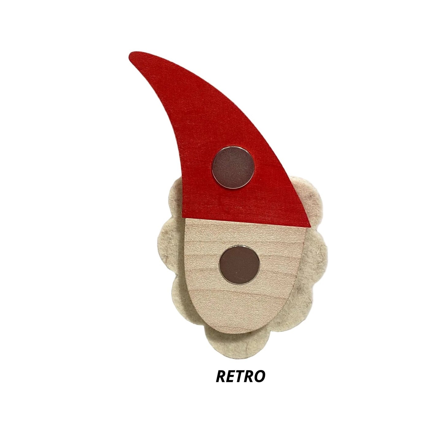 Retro del magnete natalizio Nikolaus in legno naturale con doppia calamita circolare integrata di Legnomagia.