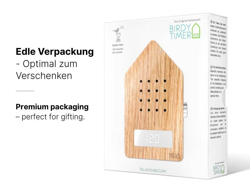 Birdytimer Relaxound in legno di quercia con frontale artigianale.