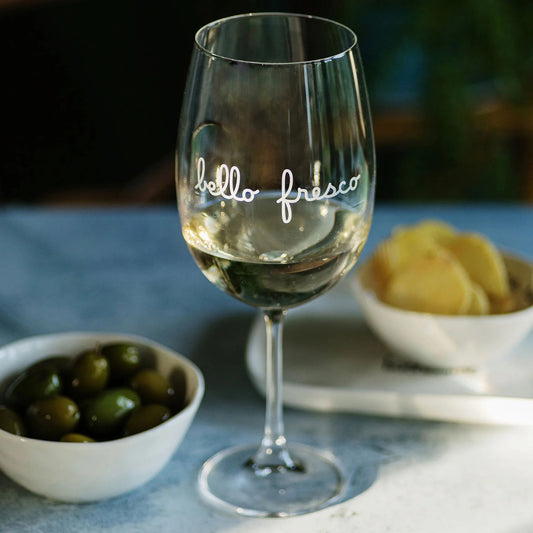Set di 2 calici vino da degustazione 64 cl Decoro "bello fresco" serigrafato in colore bianco. In negozio e online su tuttochic.it