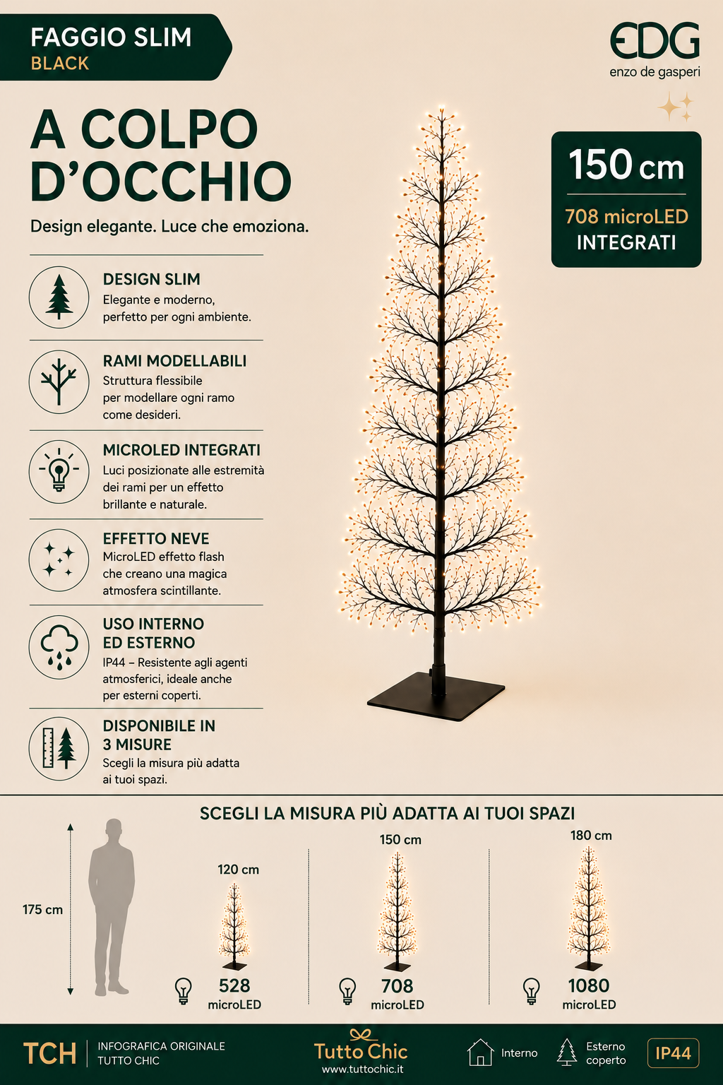 Albero di Natale Luminoso "Faggio Slim" Black – 708 LED – H 150 cm – EDG Enzo De Gasperi