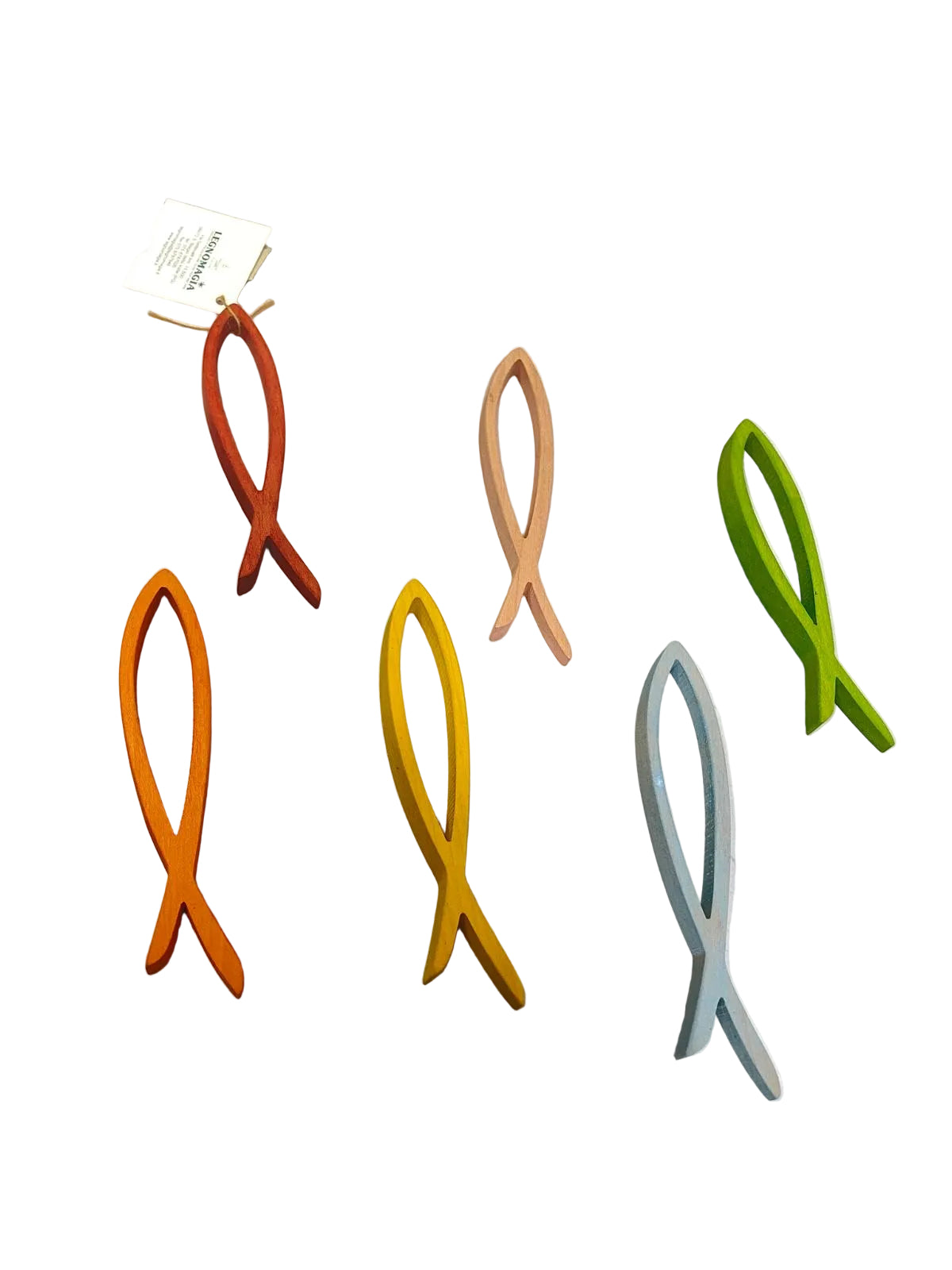 Set di 6 fermatovaglioli in legno di faggio intagliati a forma di pesce sardina nei colori rosa, verde, rosso, giallo, celeste e arancione modello Sardina di Legnomagia.