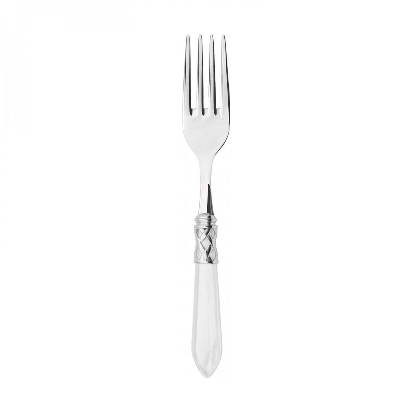 Forchettone per servire, colore bianco, finitura madreperlata, realizzata in acciaio inox 18/10, da un elegante manico in acrilico unito a una preziosa ghiera intrecciata con finitura acciaio lucido. Sono lavabili in lavastoviglie. Dimensioni: cm 5 x 24. Made in Italy. In negozio e online su tuttochic.it