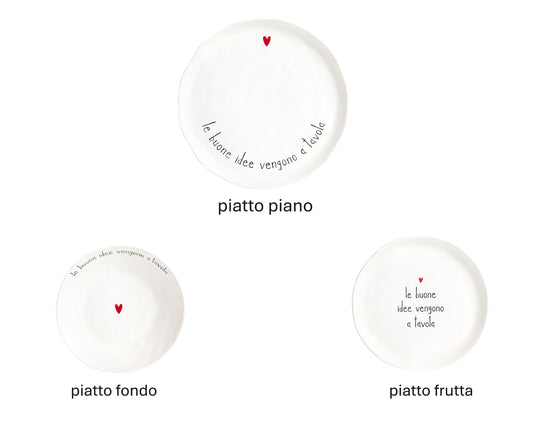 Servizio piatti composto da 18 pezzi: 6 piatti piani, 6 piatti fondi e 6 piatti dessert. Realizzati in gres porcellanato bianco con decoro "le buone idee vengono a tavola". In negozio e online su tuttochic.it