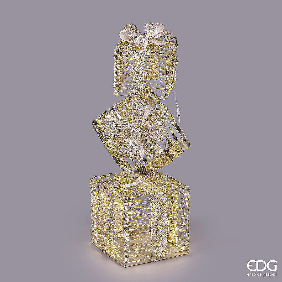 Decoro natalizio a forma di pacco regalo con 600 microled luce calda, timer e luci fisse. Firmato EDG. Ideale per interni, vetrine ed eventi natalizi. tuttochic.it