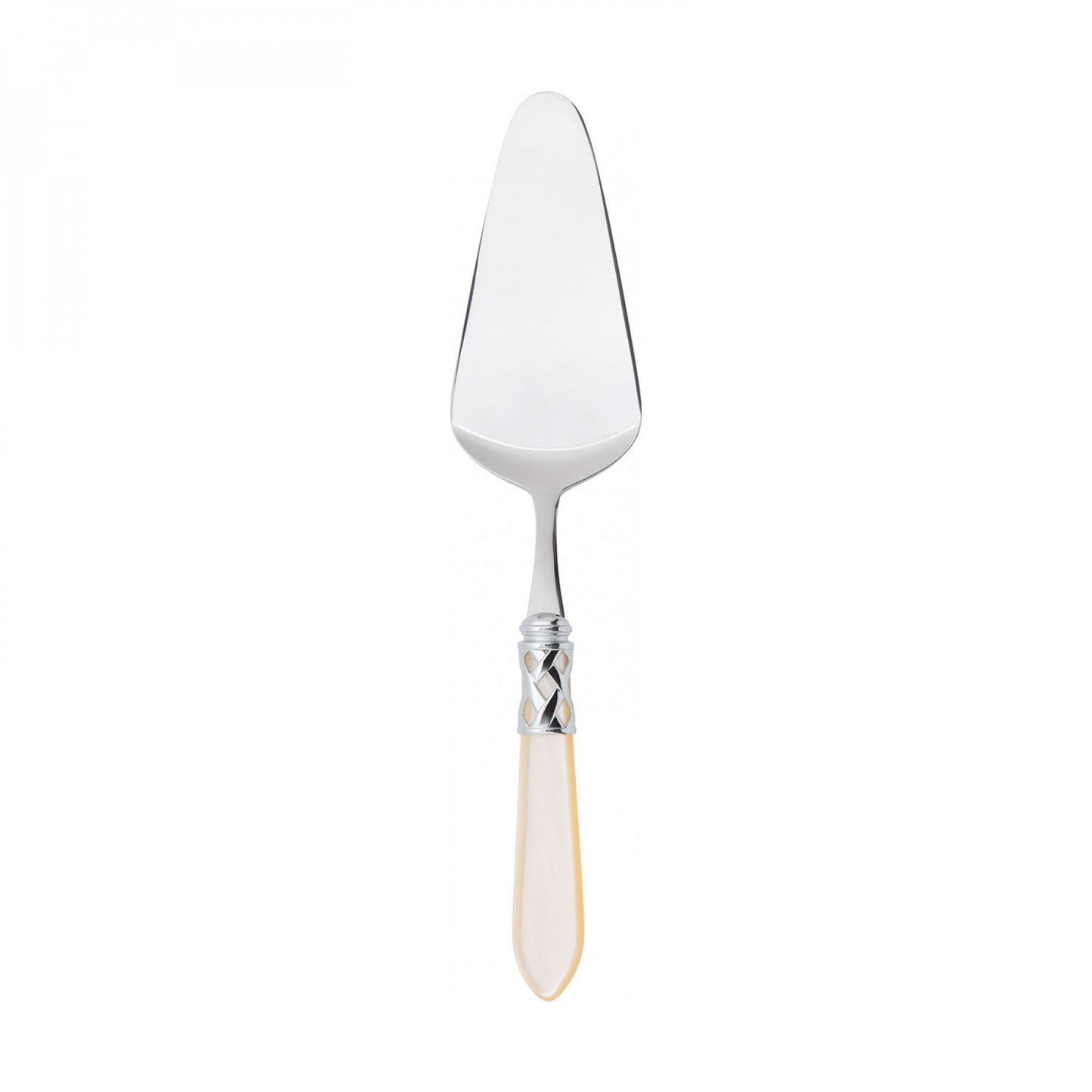 pala per servire torte e dessert, colore avorio, finitura madreperlata, realizzato in acciaio inox 18/10, da un elegante manico in acrilico unito a una preziosa ghiera intrecciata con finitura acciaio lucido. Sono lavabili in lavastoviglie. Dimensioni: cm 5 x 24. Made in Italy. In negozio e online su tuttochic.it