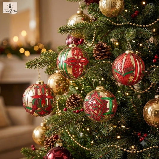 Decoro palla in vetro oro con decoro verde/rosso per albero di Natale. Dimensioni: ø cm 10. In negozio e online su tuttochic.it