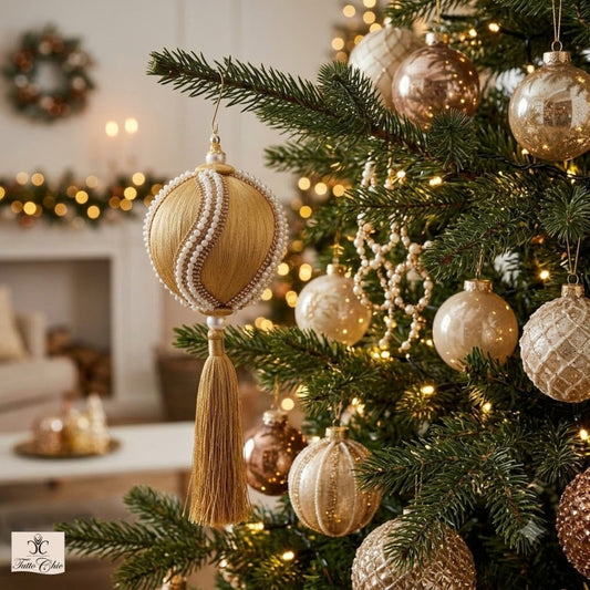 Decoro palla in tessuto color oro con nappa decorato con strass e perle. Dimensioni: ø 12, h 36. In negozio e online su tuttochic.it