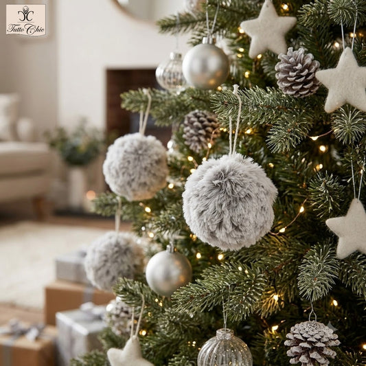 Decoro Pallina in tessuto effetto peluche di colore grigio/bianco. Decorazione per albero di Natale e non solo. Dimensione: ø cm 10. In negozio e online su tuttochic.it