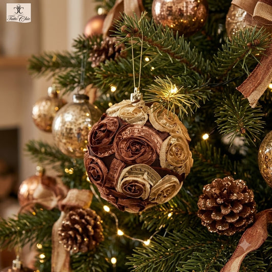 Pallina decorata con rose di tessuto di colore marrone e oro. Decorazione per albero di Natale. Dimensione: diametro mm 80. In negozio e online su tuttochic.it