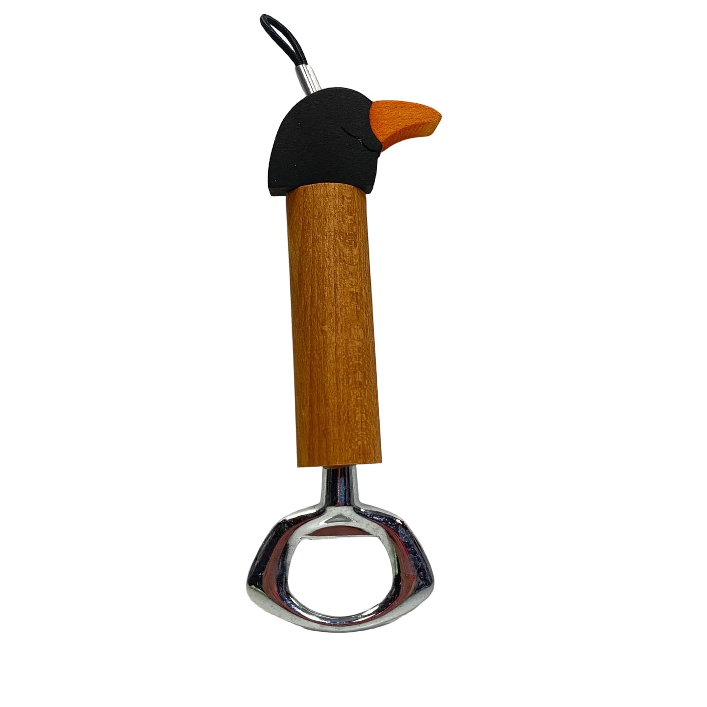 Apribottiglie a leva in metallo cromato con manico in legno d'acero decorato a forma di pinguino modello Pinguino di Legnomagia.