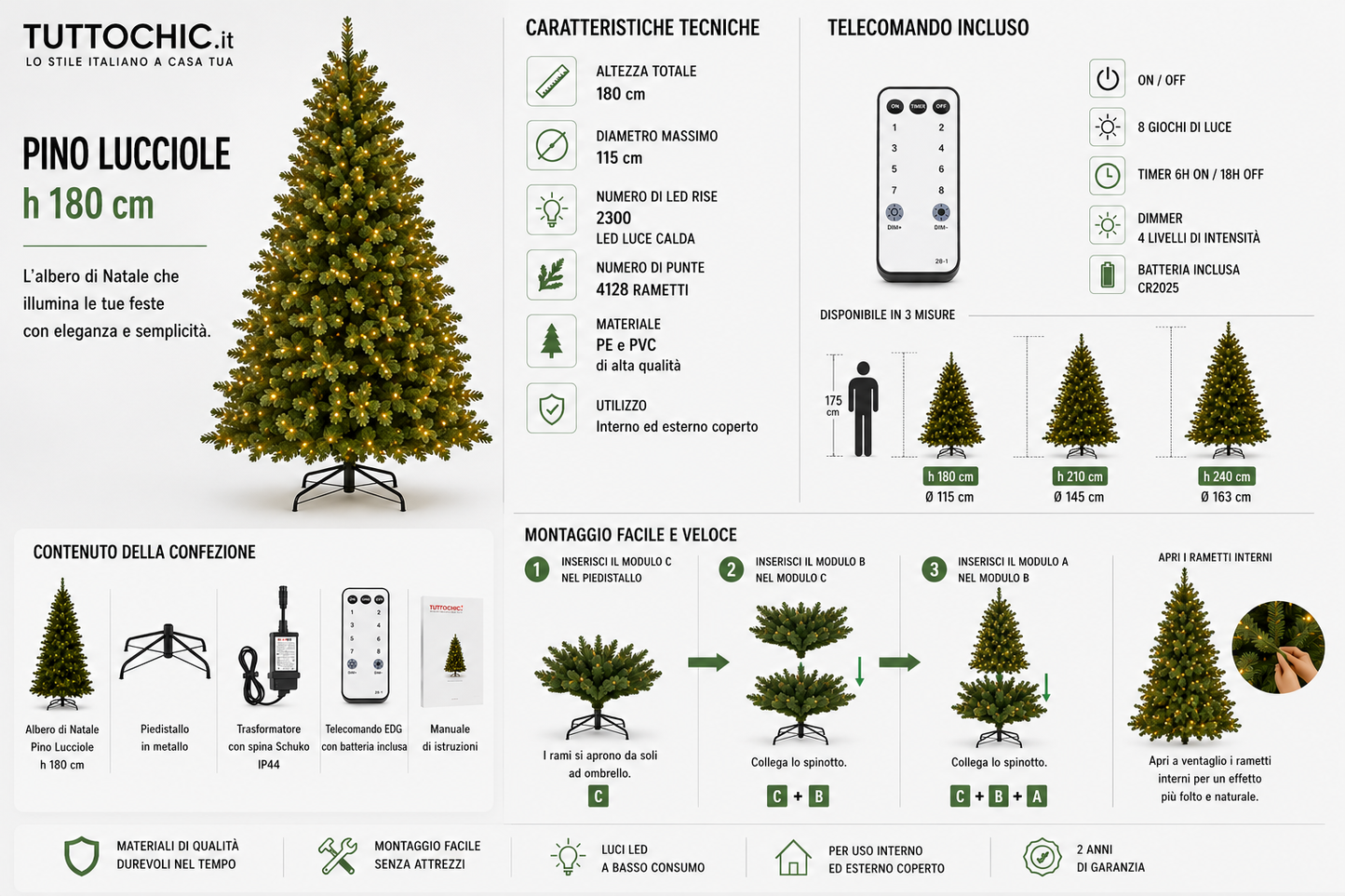 Albero di Natale Premium "Pino Lucciole" con 2300 Rice LED Integrati – H 180 cm – EDG Enzo De Gasperi