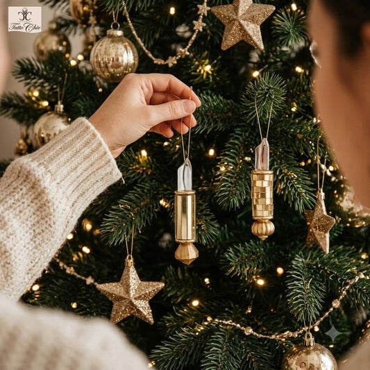 Decorazione per albero a forma di rossetto in plastica dorata, 2 modelli diversi cm 10. In negozio e online su tuttochic.it