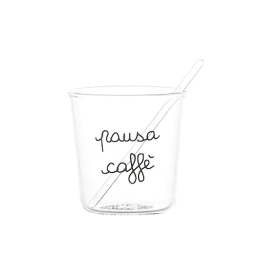 Goditi il tuo espresso con stile e un pizzico di ironia con il set di 4 bicchierini espresso "Pausa Caffè". Realizzati in resistente vetro borosilicato con decoro "Pausa Caffè" in nero. Lavabili in lavastoviglie. Dimensioni: Ø 5.8 cm x h 6 cm - palettina in vetro inclusa.  In negozio e online su tuttochic.it