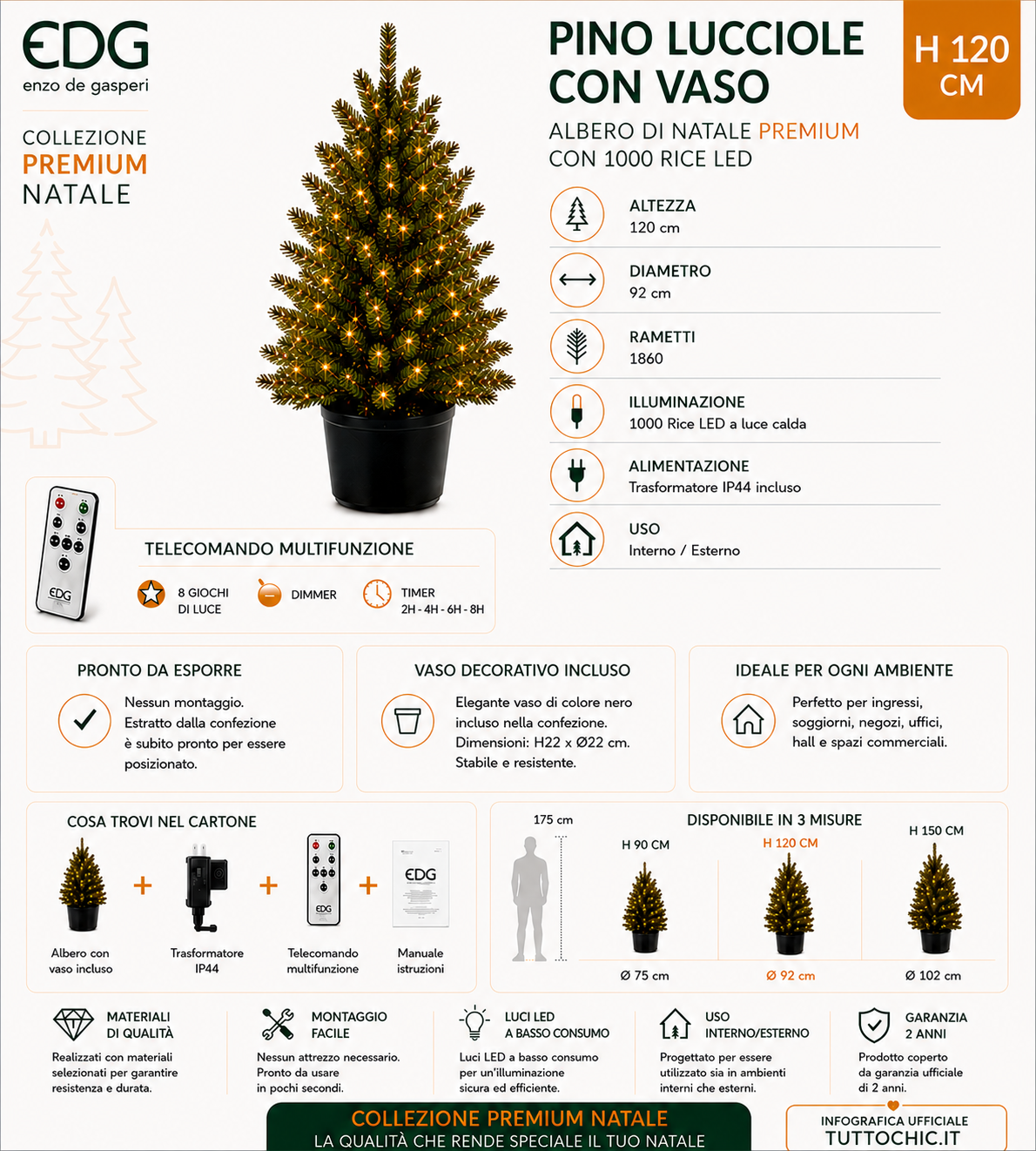 Albero di Natale Premium "Pino Lucciole" con Vaso e 1000 Rice LED – H 120 cm – EDG Enzo De Gasperi
