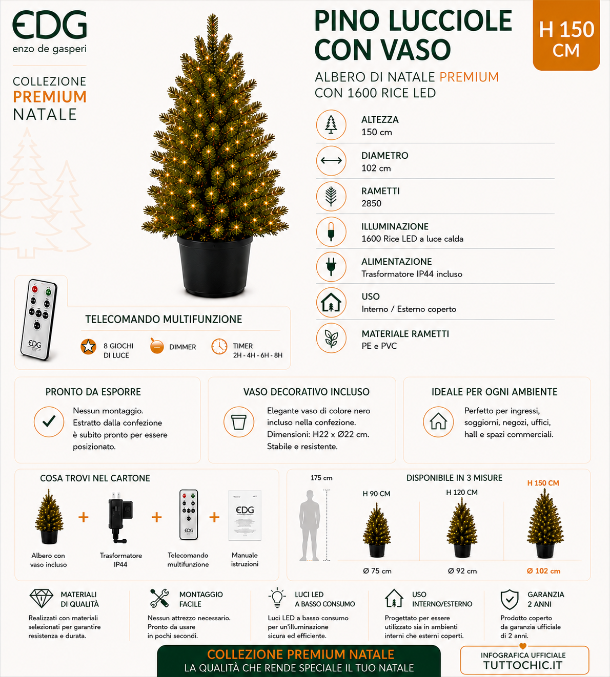 Albero di Natale Premium "Pino Lucciole" con Vaso e 1600 Rice LED – H 150 cm – EDG Enzo De Gasperi
