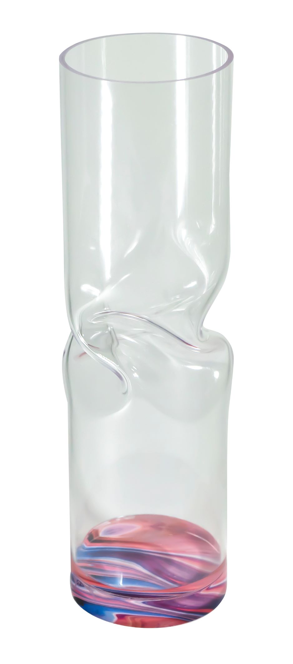 Vaso in cristallo acrilico trasparente con il fondo decorato con grafiche astratte multicolore rosa. Dimensioni: diametro cm 7 x 25 h. In negozio e online su tuttochic.it