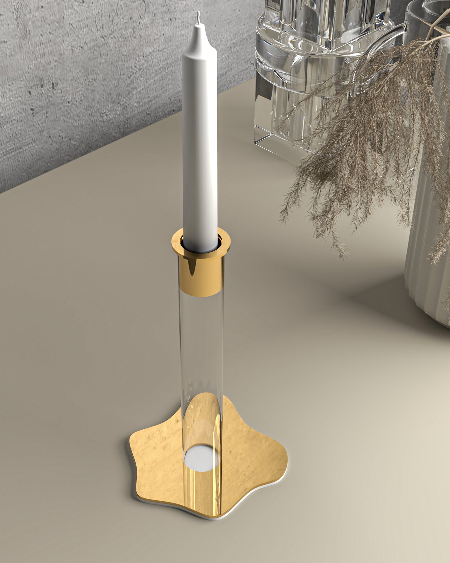 Portacandele con base e struttura in cristallo acrilico e bicchierino porta candele in acciaio. Bicchiere portacandele e base color oro lucido. Dimensioni: Ø 12 x 20 h cm. Il prodotto viene venduto senza candela. In negozio e online su tuttochic.it