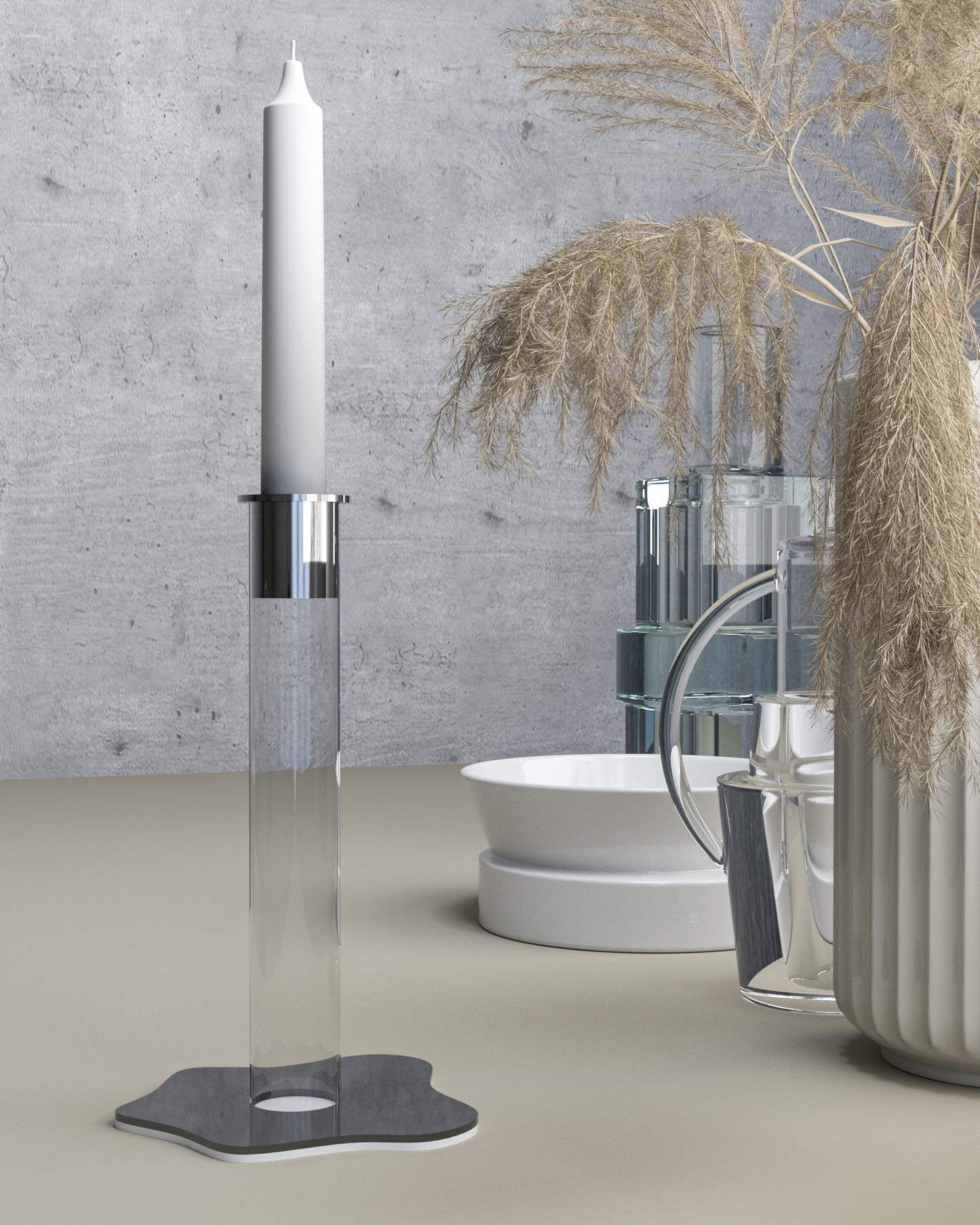 Portacandele con base e struttura in cristallo acrilico e bicchierino porta candele in acciaio. Bicchiere portacandele e base color argento lucido. Dimensioni: Ø 12 x 20 h cm Il prodotto viene venduto senza candela. IN negozio e online su tuttochic.it
