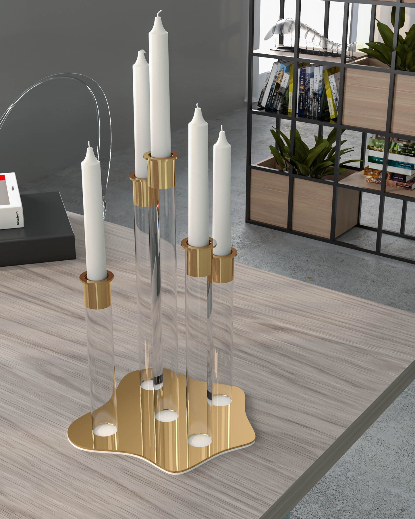 Portacandele con base e struttura in cristallo acrilico e bicchierino porta candele in acciaio. Bicchieri portacandele e base color oro lucido. Dimensioni: Ø 22 x 31 h cm. Il prodotto viene venduto senza candele. In negozio e online su tuttochic.it