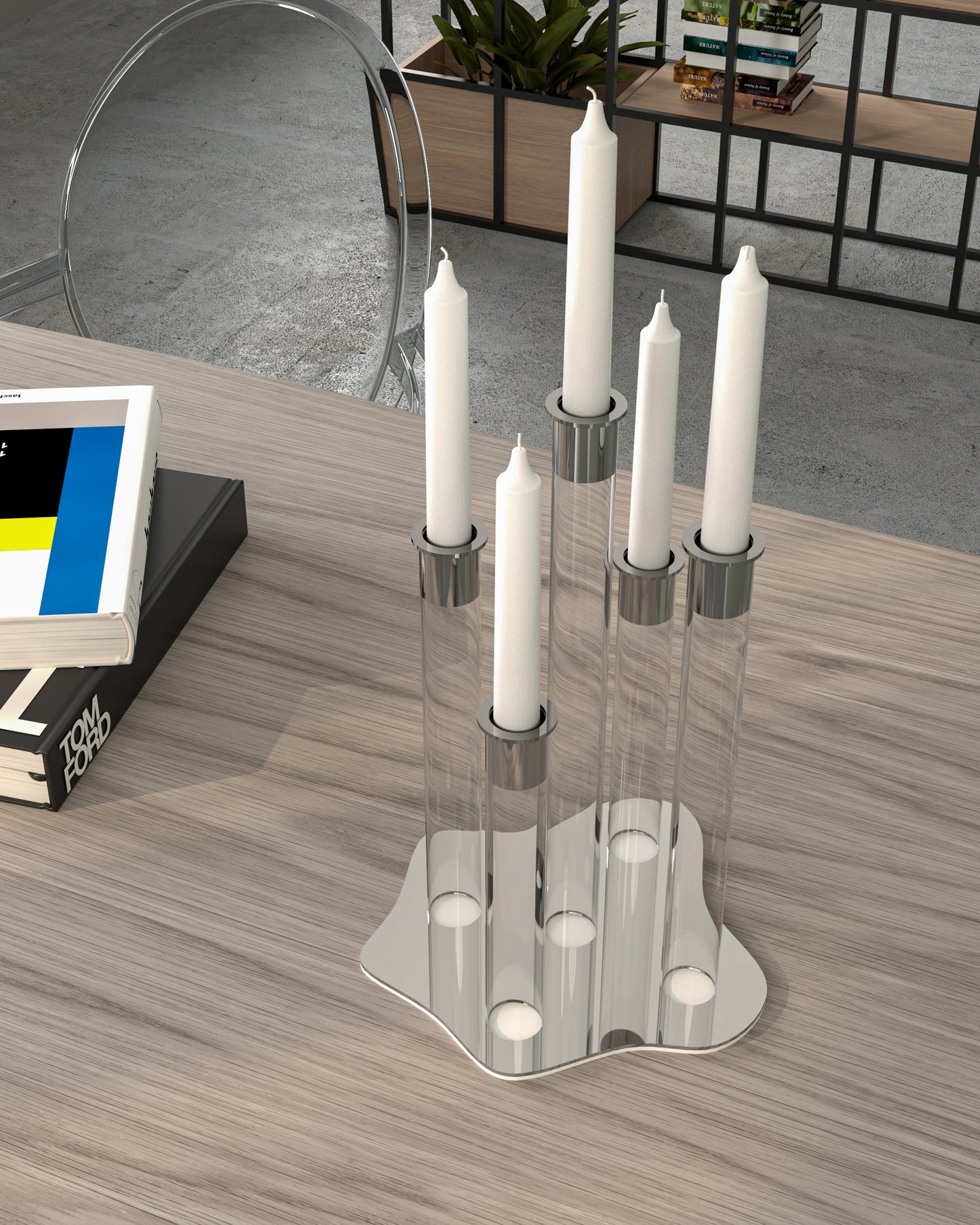 Portacandele con base e struttura in cristallo acrilico e bicchierino porta candele in acciaio. Bicchieri portacandele e base color argento lucido. Dimensioni: Ø 22 x 31 h cm Il prodotto viene venduto senza candele. In negozio e online su tuttochic.it